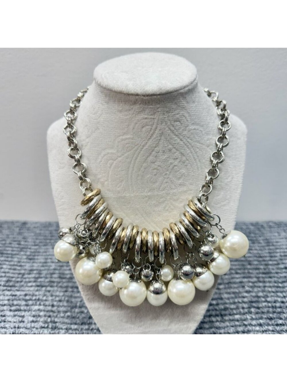 Vintage Faux Pearl Bib Necklace Gold Silver Tone Rings Statement Chunky Beads